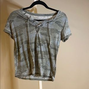 Army green camo, cross tie neck line t-shirt